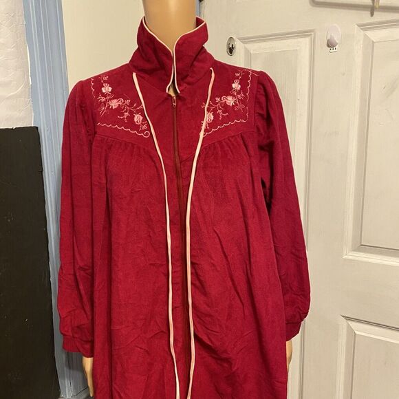 Vintage 90s Katz USA Sz M/XL Nightgown Flannel Robe Off Red Zip Up Embroidered - Picture 7 of 10